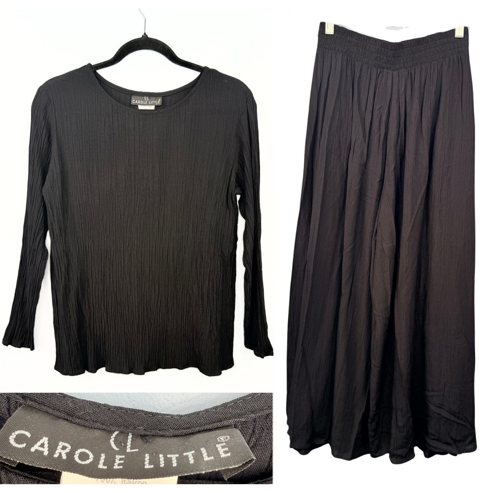 Carole Little 2 Piece Set Womens 4 Black Crinkle Gauze Top Wide Leg Palazzo Pant